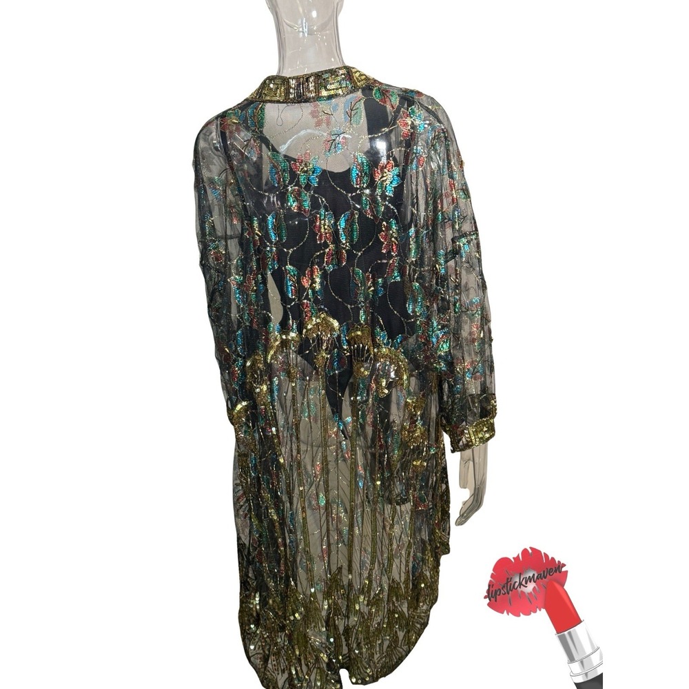 Vintage Ramana Duster Jacket One Size Black Floral Metallic Lame Kimono Cover Up - Picture 4 of 13